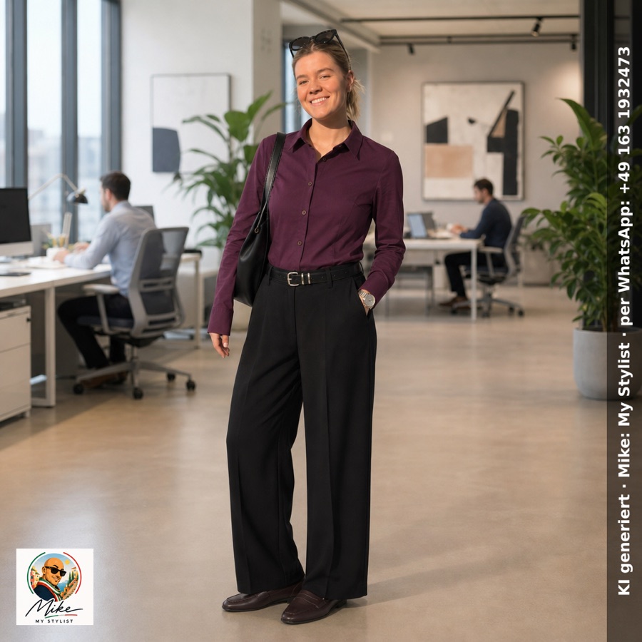 KI-generiertes Outfit-Rendering: Bluse in Aubergine mit weiter Hose im Büro