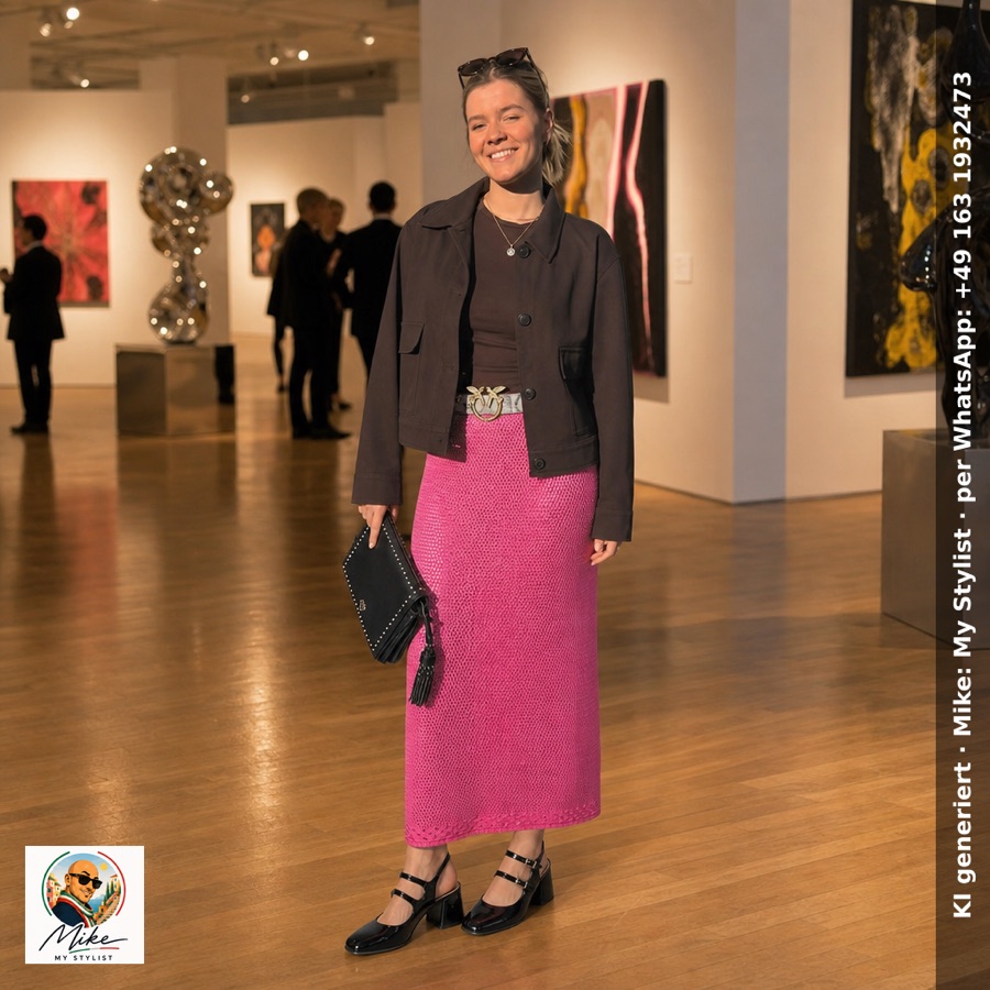 KI-generiertes Outfit-Rendering: Midirock mit grafischem Muster in einer Galerie