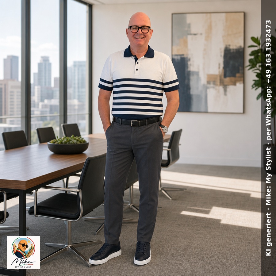 KI-generiertes Outfit-Rendering: gestreiftes Poloshirt im Konferenzraum