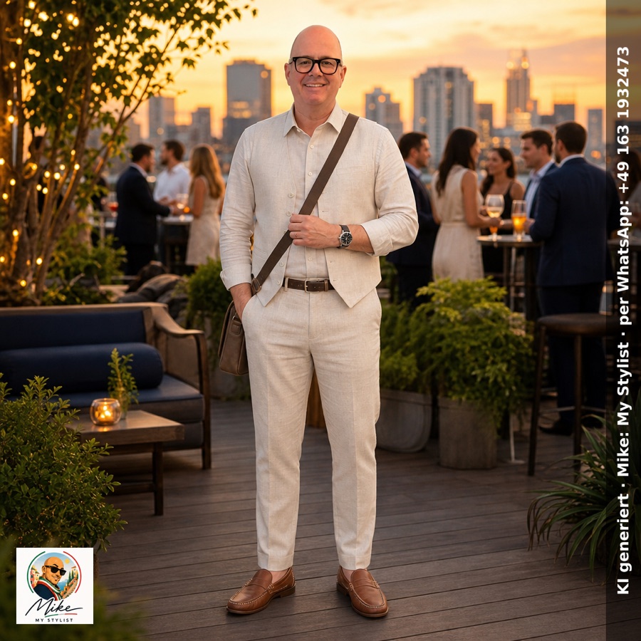 KI-generiertes Outfit-Rendering: helles Soft-Tailoring-Outfit bei Sonnenuntergang